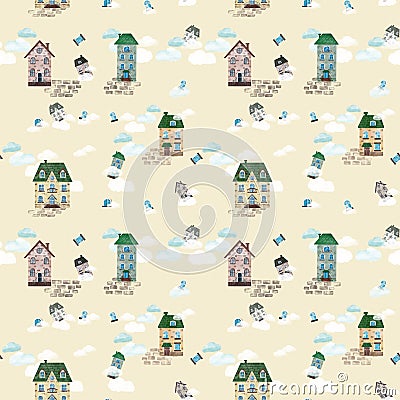 Cute house poster seamless pattern . Illustrarion for kids Stock Photo